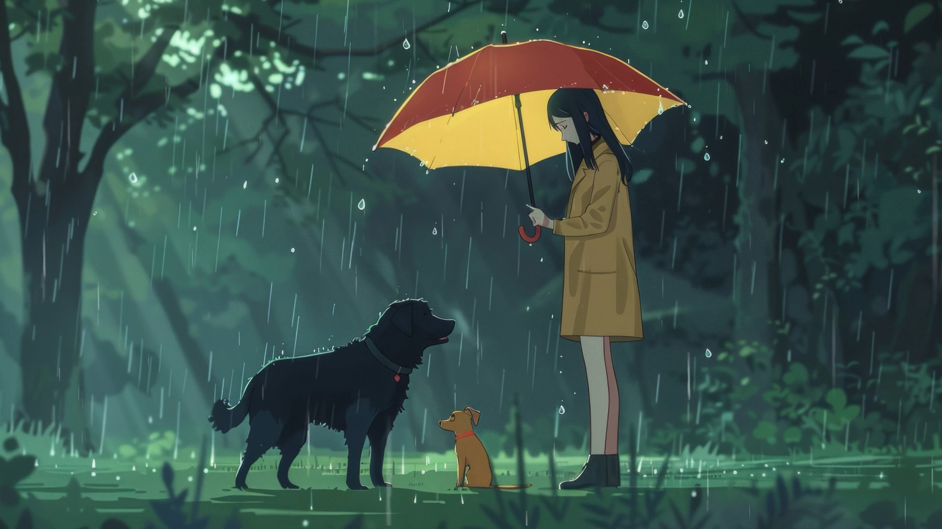 雨降る中ドッグランに遊びに来た犬と傘をさしている飼い主