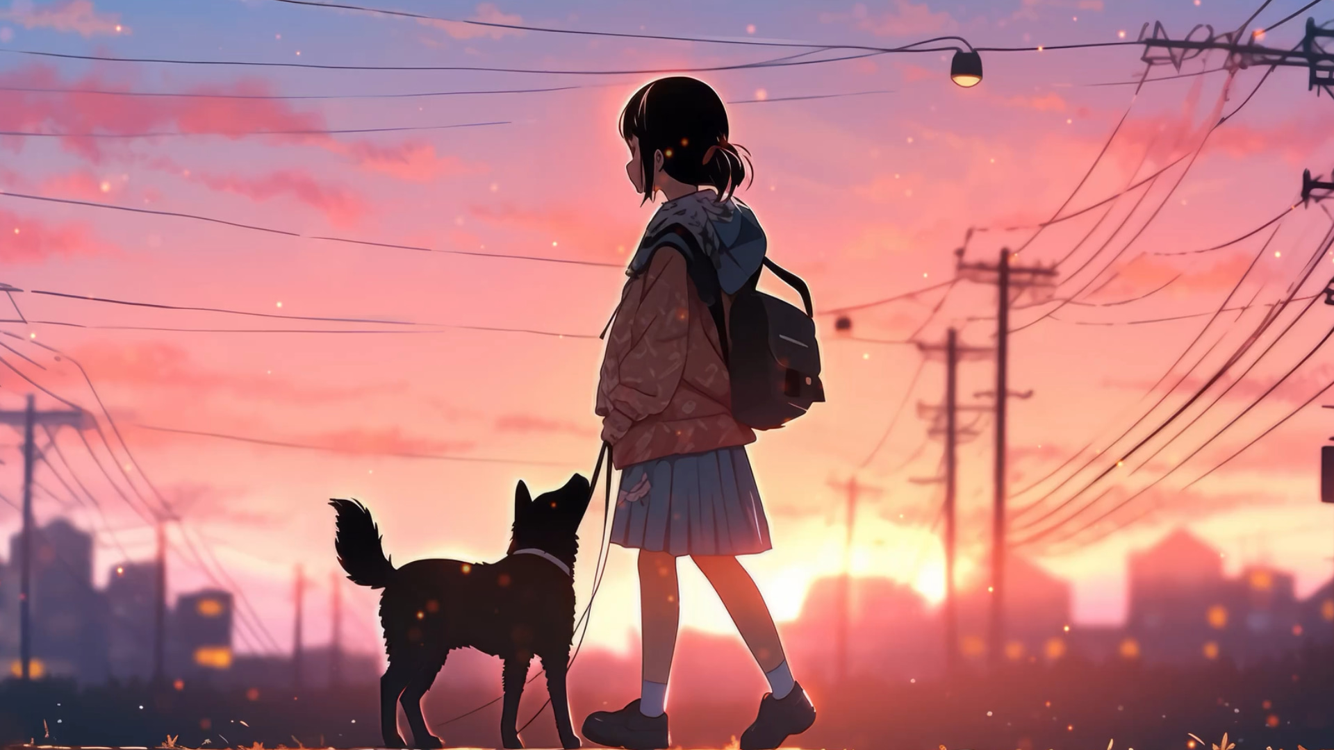 夕焼けの中愛犬と歩く少女